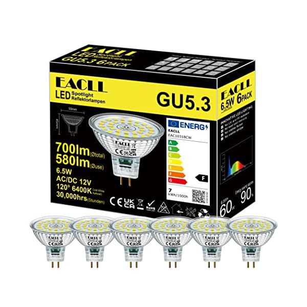 EACLL GU5.3 LED Warmweiß 6.5W Ersetzt 50W MR16 Halogen Leuchtmittel, 6er-Pack. 585 Lumen 2700K Birnen, AC/DC 12V… – Bild 10