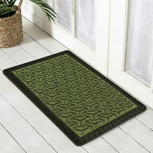 Image of Yellow Weaves 1 Pc Door Mat for Home Entrance, Outdoor Rubber Mat - Non-Slip, Anti Skid Foot Mat, Dirt Trapper, Heavy-Duty, Weather-Resistant, Waterproof Doormat (40x60cms, Geometric, Olive Green)