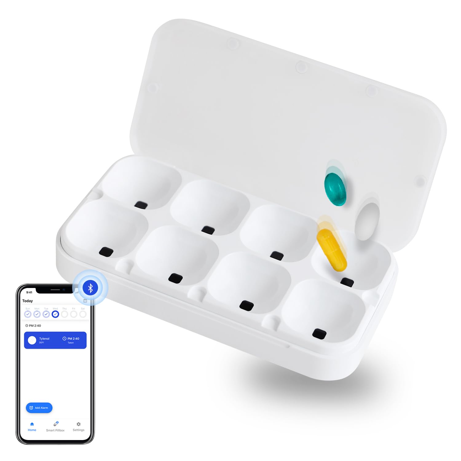 DEFI Smart Pillbox Bluetooth Pill Organizer Travel Medication Organizer Daily Pill Case Portable Medicine Holder for Vitamins Supplements