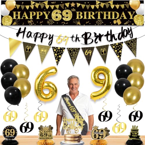 Image of 69th Birthday Decorations for Men, Black Gold 69th Party Decoration Kits
