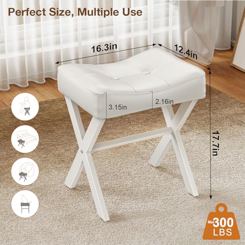 Image of Memobarco 18-Inch Leather Vanity Stool Chair, Vanity Bench with Metal X-Leg, Ottoman Accent Stool with Thick Padded Saddle Seat, White