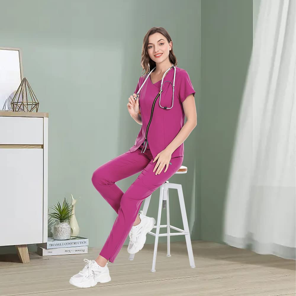niaahinn Scrub for Women Medical Uniform Scrub Top & Jogger Pants Women Scrub Suit (Hot Pink,L,Large)
