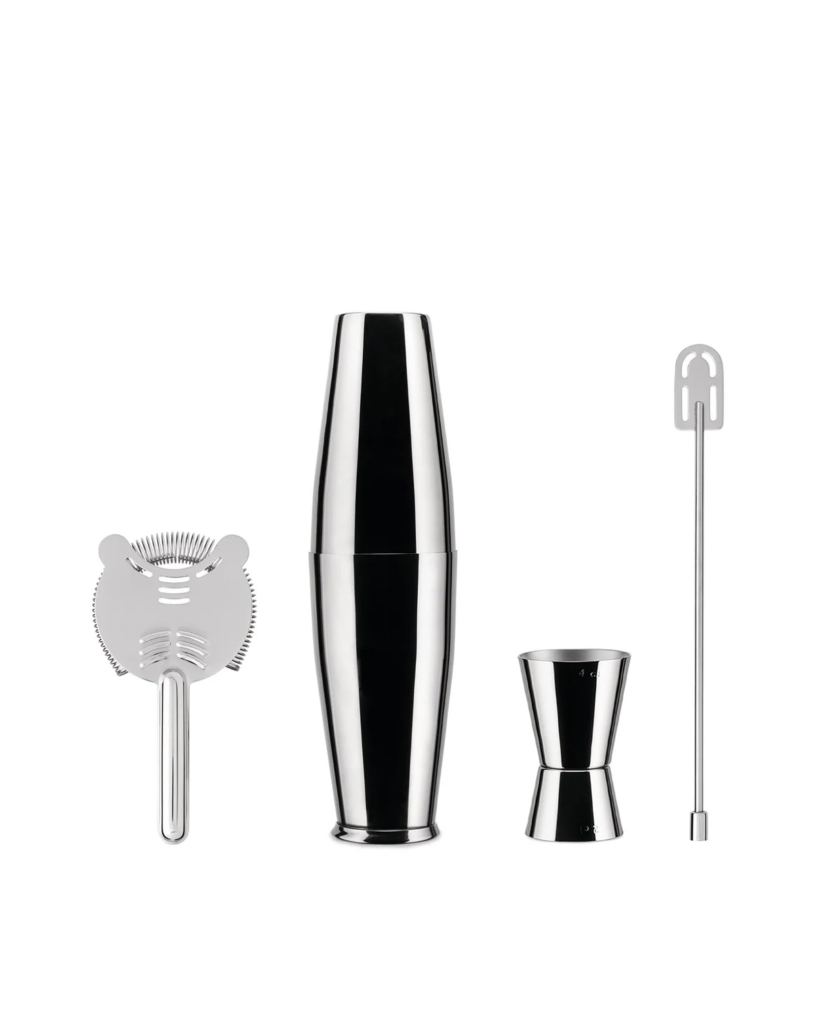 Alessi Set composed of: American or Boston shaker, bar strainer, stirrer and cocktail measure in 18/10 stainless steel