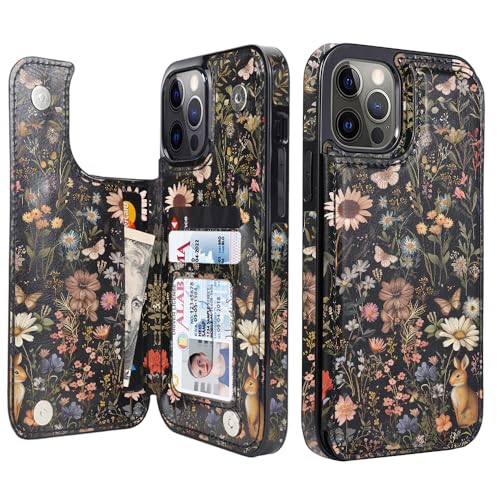 Image of uCOLOR Flip Leather Wallet Case Card Holder for iPhone 12 Pro /12 Women and Girls with Card Holder Kickstand Marble Design Compatible with iPhone 12 /iPhone 12 Pro 5G 6.1 inch (Wild Garden)