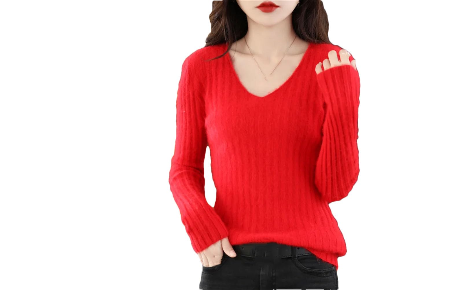 Maglione da donna con scollo a V piatto maglione a maniche lunghe da donna maglione caldo sciolto in maglia pullover tinta unita slim