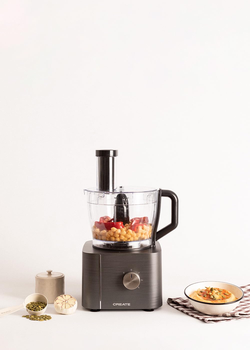 CREATE/CHEF CHOP/Procesador de alimentos gris/Robot de cocina multifunción, 10 modos, 3 velocidades, bol procesador 2L, cuchillas de acero inoxidable, 1100W