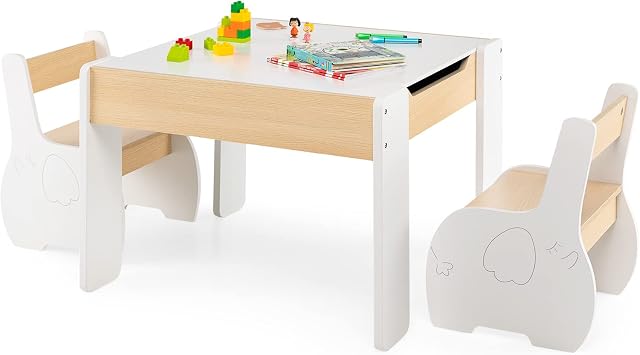COSTWAY Kids Table and Chair Set, Wooden Children Study Desk with 2 Chairs, Reversible Blackboard Tabletop & Hidden Storage, 3PCS Toddler Activity Furniture for Learning, Drawing, Dining White