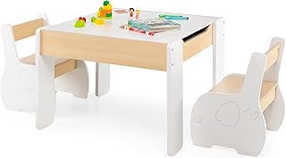Costzon Kids Table and Chair Set, 4 in 1 Wooden Activity Table & 2 Chairs for Arts, Crafts, Drawing, Reading, 3 PCS Toddler Furniture with Storage, Detachable Blackboard, Gift for Boys Girls (White)