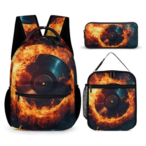 Fire Record Music 3 PCS Backpack Set Casual Daypack with Insulated Lunch Bag & Pencil Case