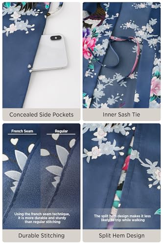 Image of BABEYOND Women's Kimono Robe Long Satin Robes with Peacock and Blossoms Printed Kimono Nightgown