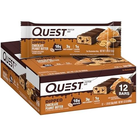 Quest Nutrition Dipped Chocolate Peanut Butter Protein Bars, 18g Protein, 1g Sugar, 3g Net Carbs, Gluten Free, 12 Count Cover