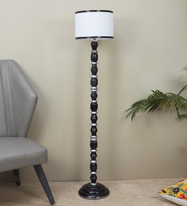 Image of tu casa Mango Wooden Floor Lamps with Black & White Base & Striple Shade for Home Decor, Bedrooms Corner, Living Room, Gifting, Diwali Decoration, Hall, Office (Height: - 56 inch) - Bulb not Included