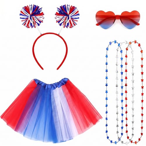 4th of July Tutu Skirt Set for Women - Soft 3 Layer Red White and Blue Tutu with Red White and Blue Accessories Elastic Waist 40in for Parade 4th of July Party and Independence Day Outfit