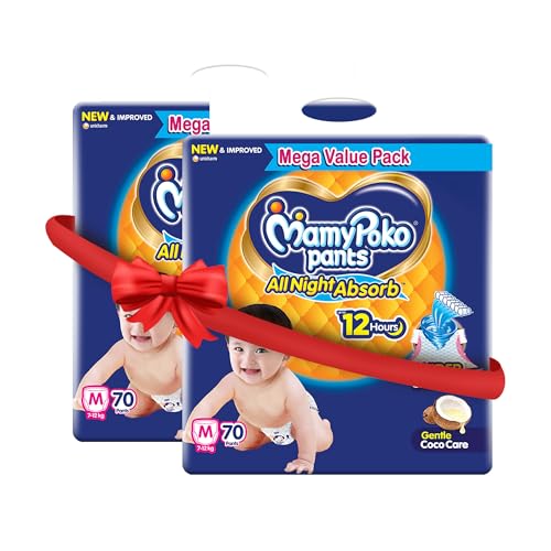 Image of Mamypoko pants All night absorb| Pant Style Baby Diapers Medium Size(M), 140 Count, Ideal for 7-12Kgs|1 Diaper= Upto All night Absorption|Wider Crisscross Sheet|Gentle Coco Care| 12hr Leakage Protection| Prevents Heaviness.
