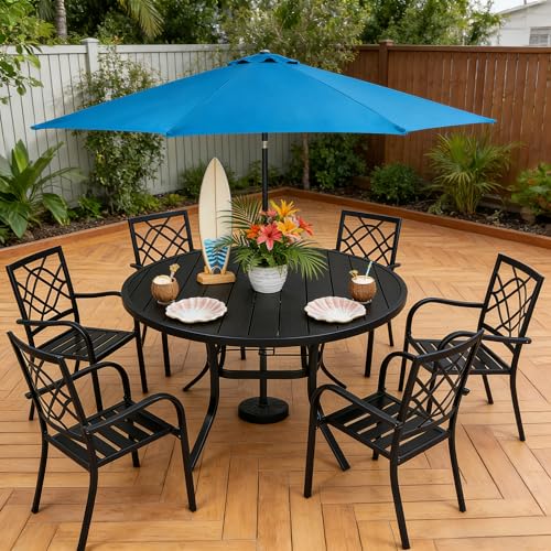 Image of SUNCROWN 8-Piece Outdoor Wrought Iron Chairs and Table Patio Dining Furniture Set-6 Stackable Metal Chairs, 1 53 inch Round Bistro Table and 1 Sky Blue 9Ft Patio Umbrella for Garden Backyard Deck