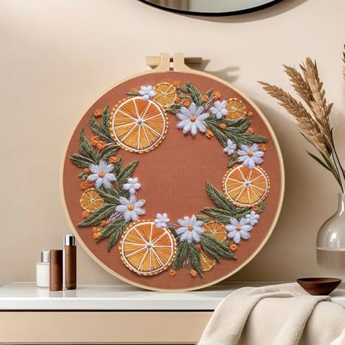 Image of Huacan Embroidery Kit for Beginners Adults Includes Stamped Orange Pattern, Hoop, Color Threads,Tools,Easy to Follow Instruction