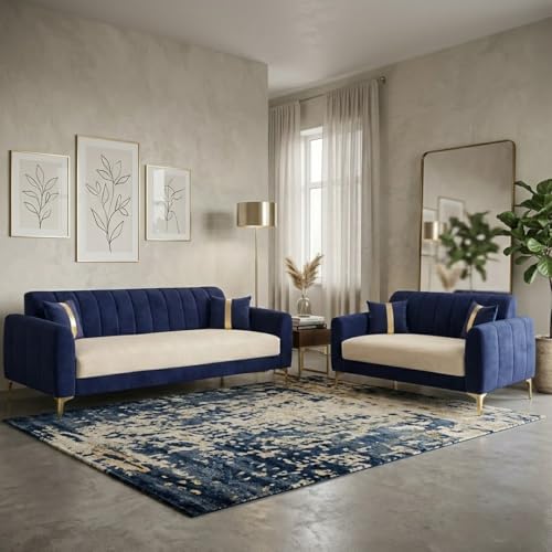 Image of Hermione Luxe Velvet-Suede Fabric 3 Seater + 2 Seater Sofa Set | Golden Legs | Comfortable & Spacious Seating | Modern Sofa Set for Living Room - Dark Blue & Cream