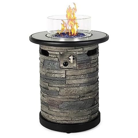 BAIDE HOME Outdoor Gas Propane Fire Pit Table, Round Porcelain Tile Top 22" Fire Bowl Column W/ 40,000 BTU Firepit Table Auto-Ignition 400D Cover Glass Rocks for Outside Patio Cover