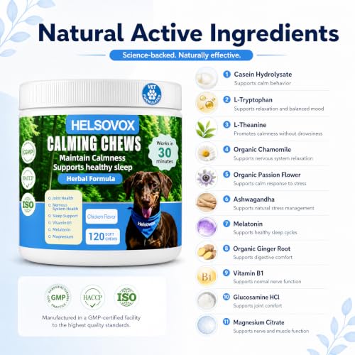 Helsovox Calming Chews for Dogs, Calming Treat and Bites with Melatonin, Nervous System & Jiont Health Support, Anxiety Relief for Separation, Fireworks, Thunder, Barking, Chicken Flavour - Image 3