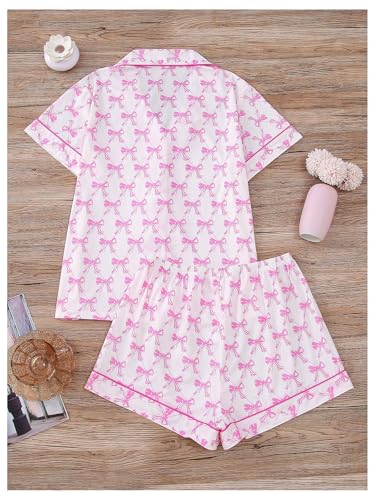 Women's Bow Pajamas Sets Short Sleeve Button Down Pajamas Y2k Preppy Cute PJ Set Sleepwear2