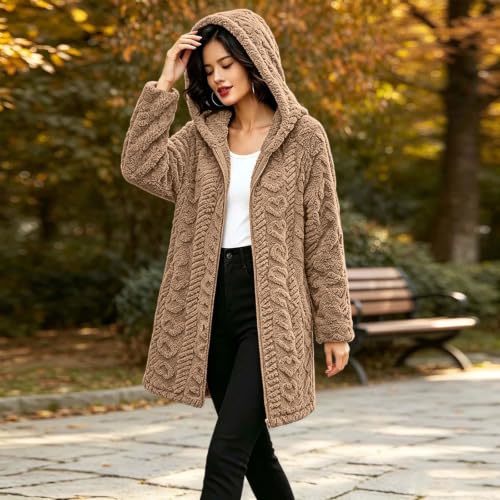 Womens Hooded Sherpa Cardigan Jacket Zip Up Jacquard Textured Long Coat - image 7