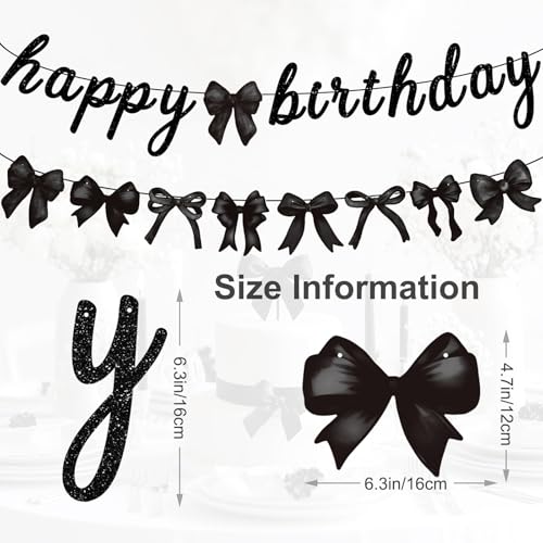 Image of Black Bow Happy Birthday Banner Garland and Hanging Swirls for Girl Black Bow Coquette Birthday Party Decorations