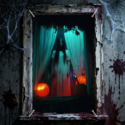 Nuxovilar Halloween Window Door Cover with Creepy Ghost Design Polyester 31.5x47.24 Inches Scary Window Spooky Atmosphere Hanging Banner Decor for Haunted House Outdoor Indoor Party Decorations