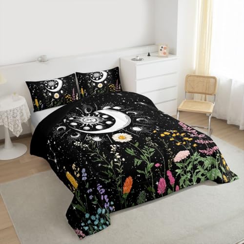 Image of Feelyou Sun and Moon Bedding Set Full Size Constellations Comforter Set for Kids Boys Girls Galaxy Astrology Branches Plants Comforter Black and White Quilt Set with 2 Pillowcases