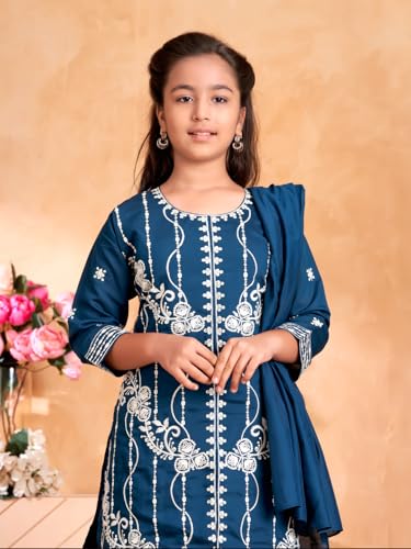 Image of Aarika Girls Ethnic Wear Purple Colour Thread Embroidery Kurti Pant Set With Dupatta
