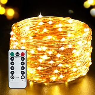 Gritin Fairy Lights String Lights, 20M/66ft 200 LED Christmas Lights Outdoor/Indoor Decorations, 8 Modes Remote Control, USB Plug in Powered Pure Copper String Lights for Xmas, Party - Warm Yellow