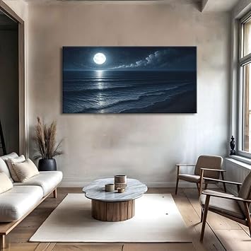 TAILORED CANVASES Beach Shoreline Coastal Wall Art Canvas Seascape Decor Featuring Full Moon Over Ocean Horizon Relaxing Bedroom Living Room Design Black and White Beach Art Blue Coastal Home 10x20