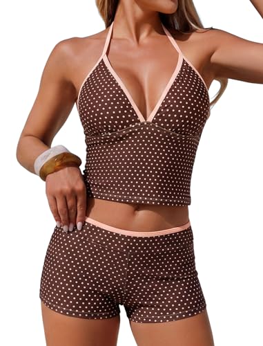 ZAFUL Womens Tankini Swimsuits V Neck Halter Top with Boyshorts Bottom Tummy Control Two Piece Bathing Suit Brown Dots M