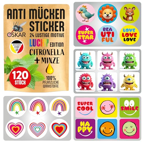 OSKAR - 120 Stück lustige Anti-Mücken Sticker für Kinder - Super Soft - 100% natürlicher Mückenschutz dank Citronella+Minze - Must have für Reise+Urlaub Camping+Wandern Sport+Freizeit