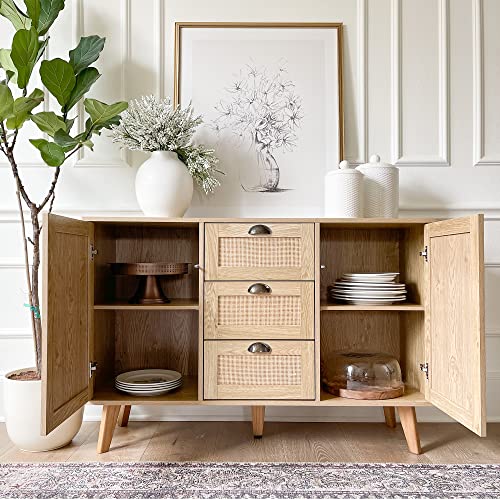 PHI VILLA Rattan Cabinet - Sideboard Buffet Accent Cabinet with Doors and Drawers, Rattan Console Table