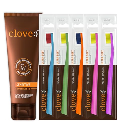 Image of Clove Sensitive Combo Pack | Sensitivity Toothpaste + Pack of 5 Ultra Soft Toothbrushes (Assorted Color) | Reduces Sensitivity, Dual Action for Sensitivity & Bad Breath, Strengthens Enamel | 4160 DuPont Tynex Bristles