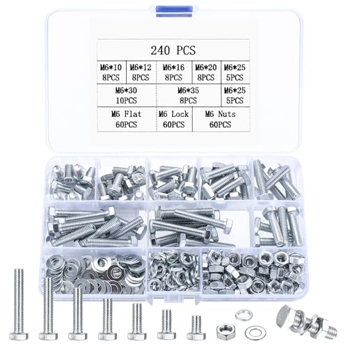 240 Stück M6 Schrauben Set, Sechskantschrauben Muttern Set, Sechskant Schrauben und Muttern Set mit Unterlegscheiben Set, Gewindeschrauben mit Muttern Set, Maschinenschrauben Sortiment
