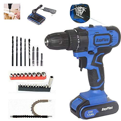21V Schraubendreher Akkuschrauber Aufsatz Set inkl. 1.5Ah Li-Ion Akku, Schnellladegerät und 29-tlg Zubehör-Set, mit…