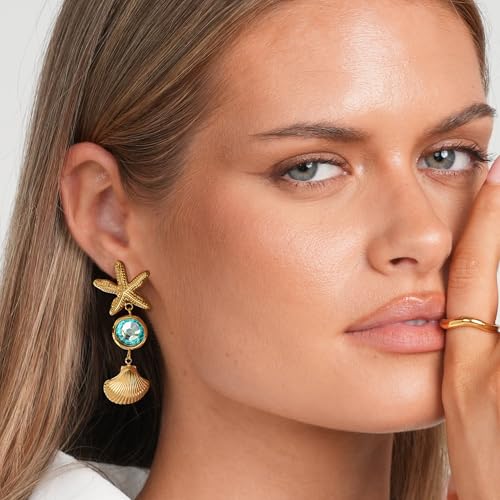 Gold Starfish Earrings 1.55" Summer Beach Jewelry Shell Drop with Blue Crystal, Stainless Steel Non-Tarnish Dangling Seashell Earrings for Women Coastal Accessories2