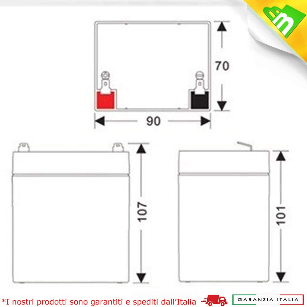 Batteria Ricaricabile 12V 5.2Ah Piombo - Per UPS, Allarmi, Luci Di Emergenza, Dimensioni 90x70x101 Mm - Foto 3