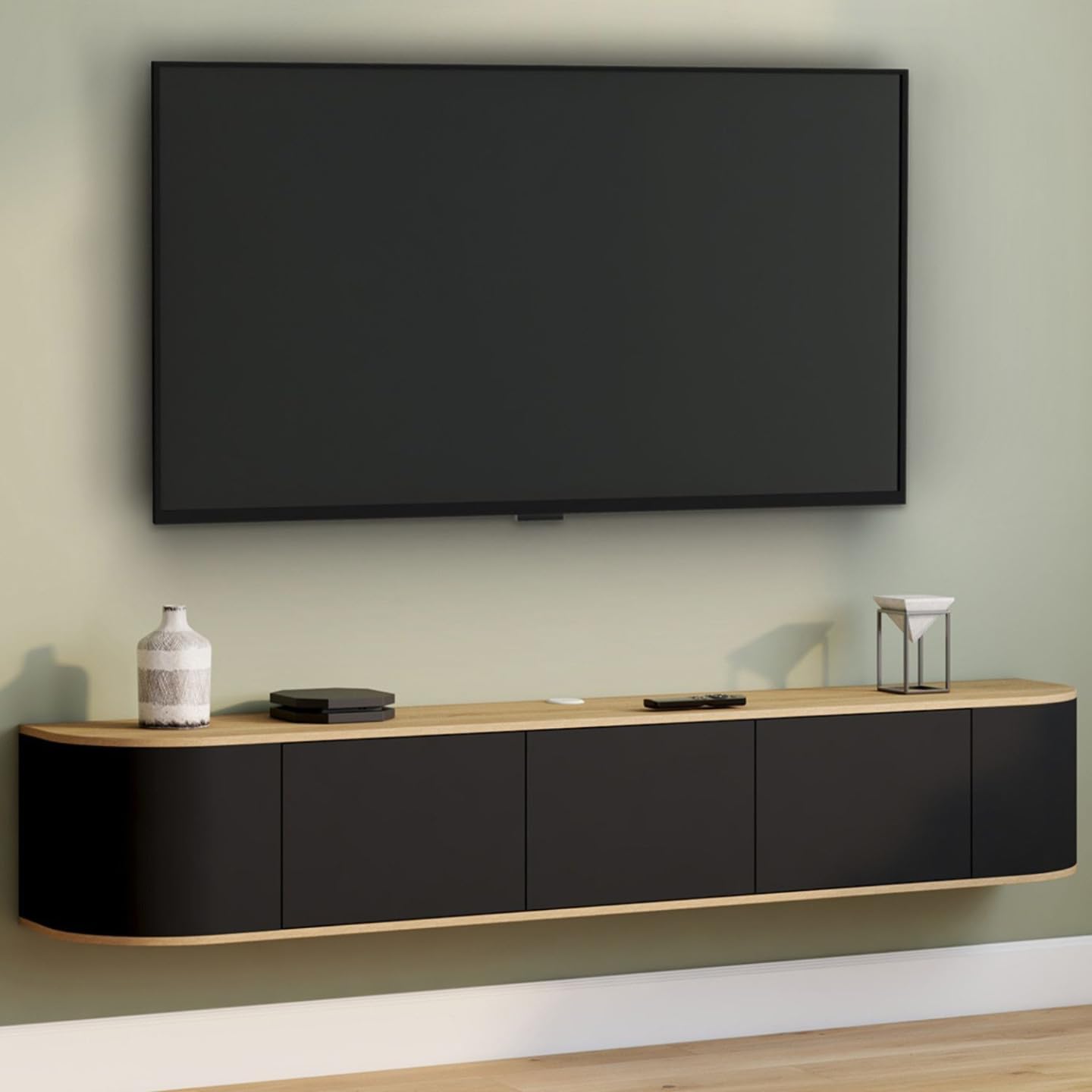 IDMarket - Meuble TV 180 cm Suspendu Leora 3 Portes Bois et Noir