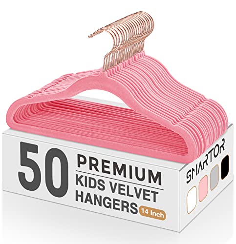 Image of Smartor Kids Velvet Hangers 50 Pack, 14 Inch Premium Non Slip Kids Felt Hangers for Closet, Space Saving Toddler Clothes Hanger for Youth's Childrens' Clothes (Rose Gold Hook)- Pink