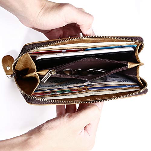 Mens Genuine Leather Long Wallet with Zipper RFID Blocking Vintage Bifold2