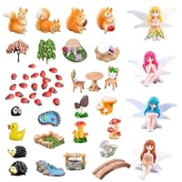 55PCS Fairy Garden Accessories, 4 Miniature Flower Fairies with Miniature Fairy Garden Ornament, Tiny Fairy Animals Dollhouse Sets With Well, Bridge, Pond, Mushrooms, Tree, Micro Landscape Decorations
