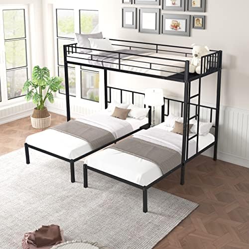Metal Bunk Beds for 3, Twin Over Twin & Twin Tripe Bunk Bed, Sturdy Metal Triple Bunk Bed with Ladder and Safety Guardrails