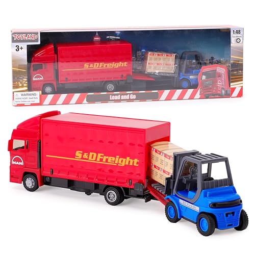 Toyland® Load and Go Fahrzeugset - Scania Güterwagen mit Gabelstapler und Palette - Transportfahrzeugspielzeug - Jungenspielzeug (rot)