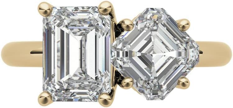 Asscher & Emerald Cut Moissanite Engagement Ring for Women, 2-Stone Moi et Toi Ring, Colorless VVS1, 10K 14K 18K Solid Gold or 925 Sterling Silver, Promise Wedding Anniversary Christmas Gift