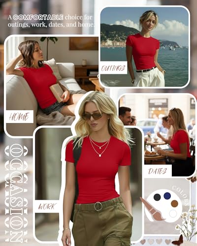 Image of Evervibe Women Built-in Bra Short Sleeve Shirts Crewneck T-Shirt Slim Fit Going Out Tops Casual Summer Basic Tees