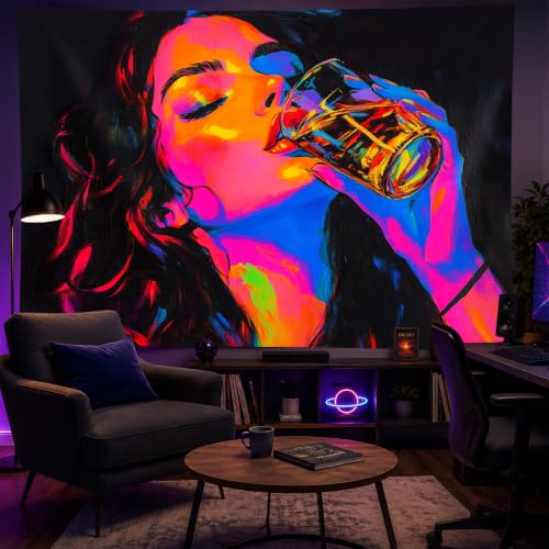 Image of BlissYard Cool Girl Anime Wall Tapestry Aesthetic 78x59 Inch Blacklight Tapestry Bedroom UV Reactive Purple Tapestries Glow In The Dark Art Wall Hanging Poster Room Bedroom Party Backdrop Decor