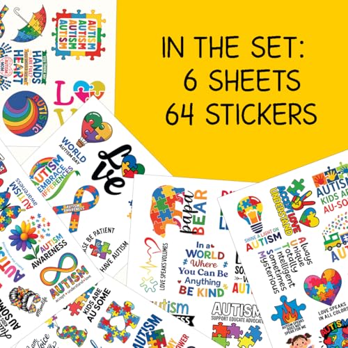 64PCS Autism Awareness Stickers – Puzzle Piece & Infinity Heart Be Kind Vinyl Decals for Laptops, Water Bottles, Journals & Classroom Crafts, Waterproof Support & Neurodiversity Pride