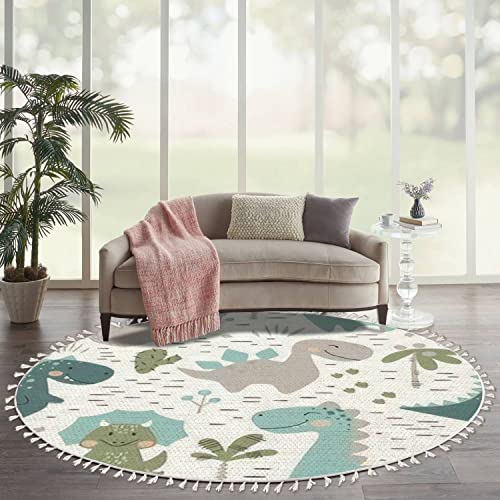 Image of Round Rugs Dinosaur Baby boy Childish Sweet Dino with Palm and Cactus Boho Area Rug Linen and Cotton Carpet Meditation Rug Washable Hallway Runner Mat Accent Rug for Bedroom Bathroom 6ft